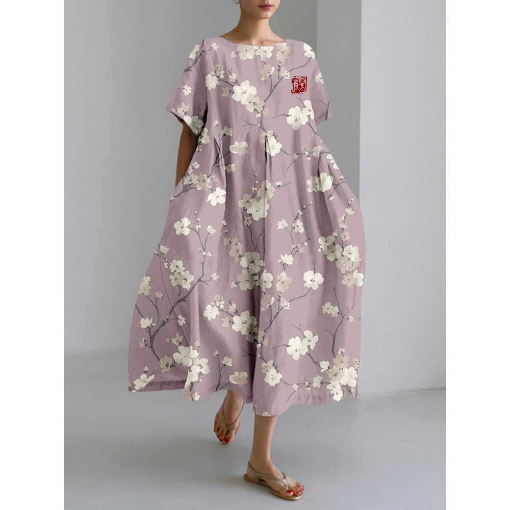 Vintage Cherry Blossoms Pattern Linen Blend Maxi Dress