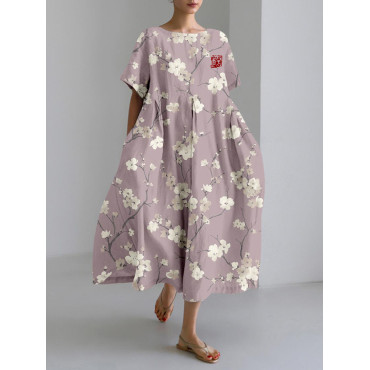 Vintage Cherry Blossoms Pattern Linen Blend Maxi Dress