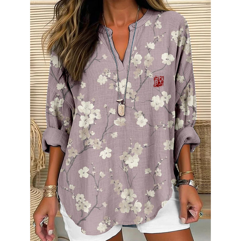 Vintage Cherry Blossoms Pattern Linen Blend Shirt