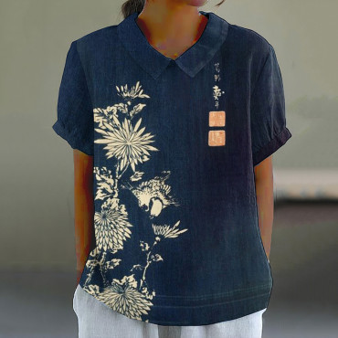 Vintage Chrysanthemum Print Casual Blouse