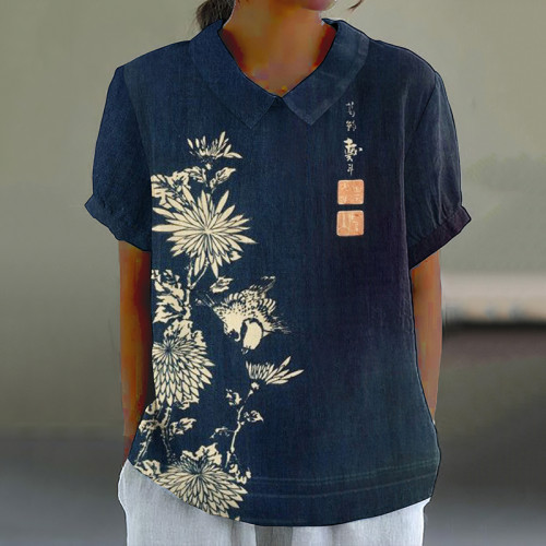 Vintage Chrysanthemum Print Casual Blouse