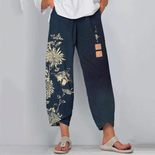 Vintage Chrysanthemum Print Casual Pants