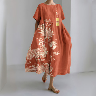 Vintage Chrysanthemum Print Round Neck Loose Midi Dress