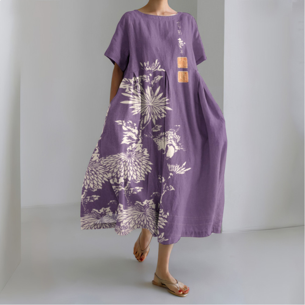Vintage Chrysanthemum Print Round Neck Loose Midi Dress