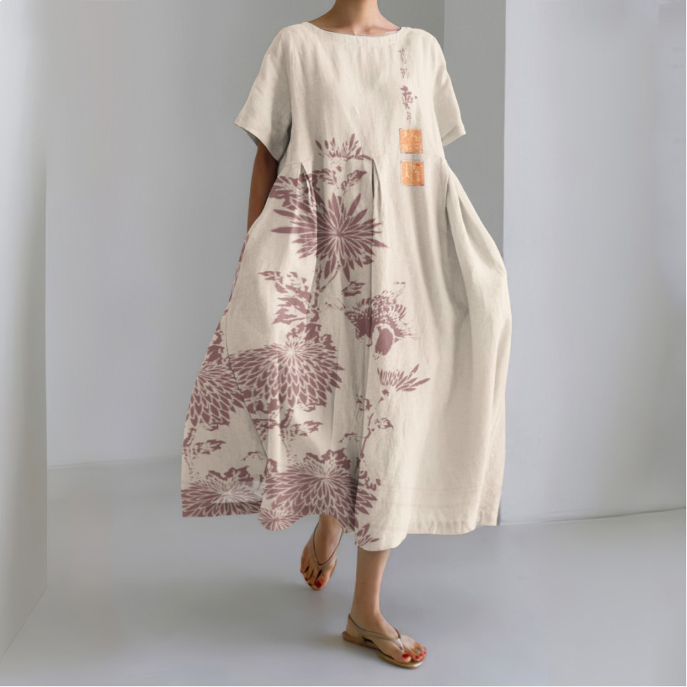Vintage Chrysanthemum Print Round Neck Loose Midi Dress