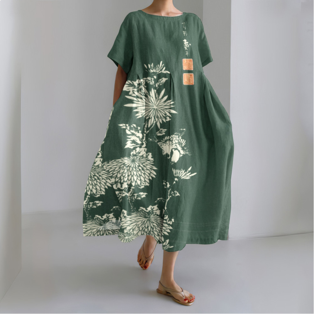 Vintage Chrysanthemum Print Round Neck Loose Midi Dress