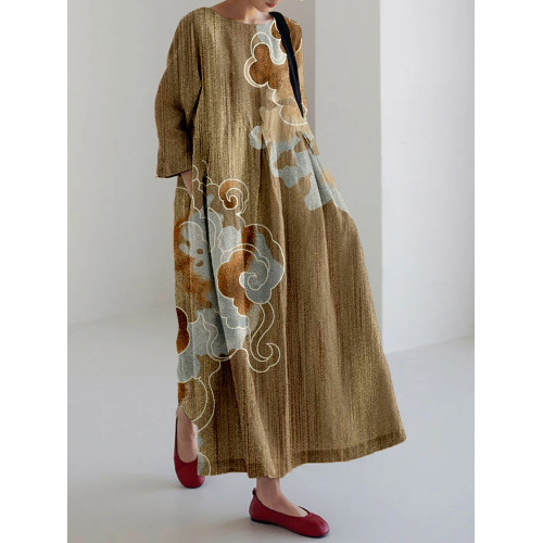 Vintage Cloud Pattern Linen Blend Cozy Maxi Dress