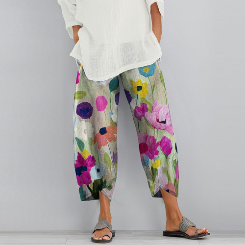 Vintage Color Block Floral Printed Casual Pocket Pants