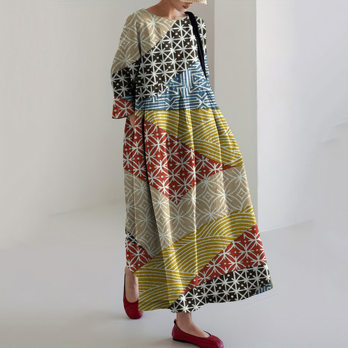 Vintage Color Block Patch Printed Casual Midi Dress