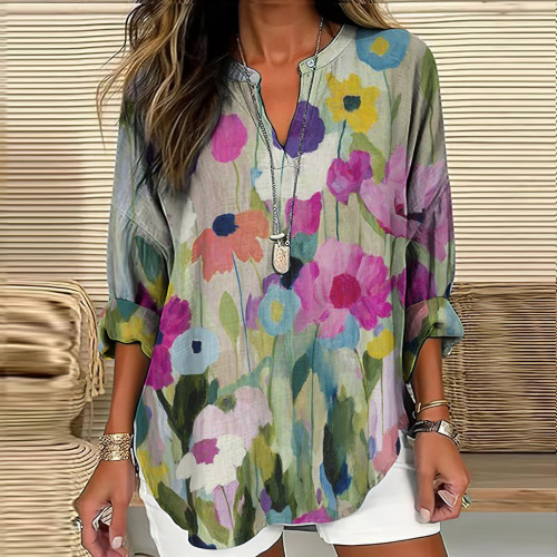 Vintage Color Block Printed Casual Shirt