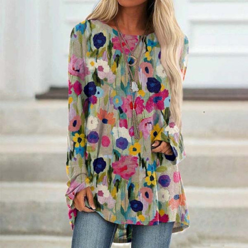 Vintage Colorful Floral Art Print Long Sleeve Casual Tunic
