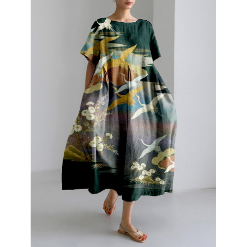 Vintage Cranes Japanese Art Linen Blend Maxi Dress