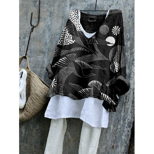 Vintage Cranes Japanese Art Linen Blend Tunic