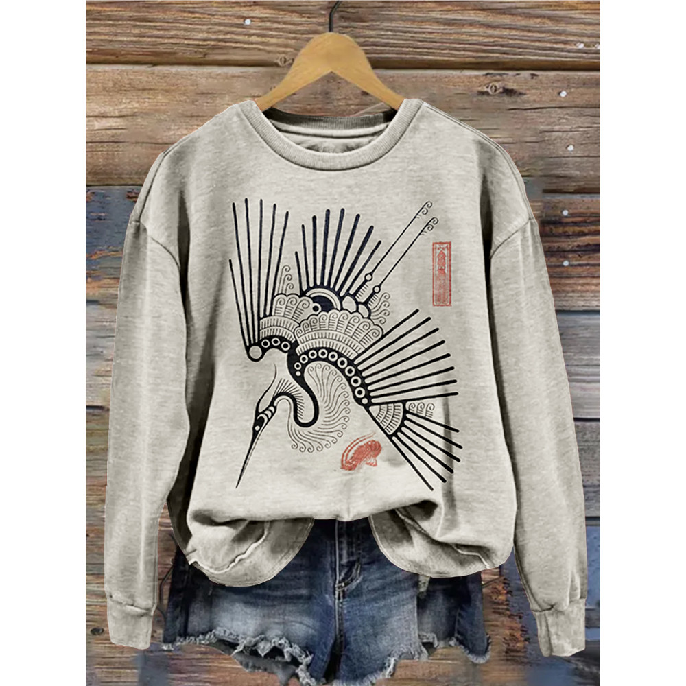 Vintage Cranes Pattern Crew Neck Cozy Sweatshirt