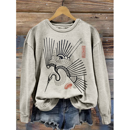 Vintage Cranes Pattern Crew Neck Cozy Sweatshirt