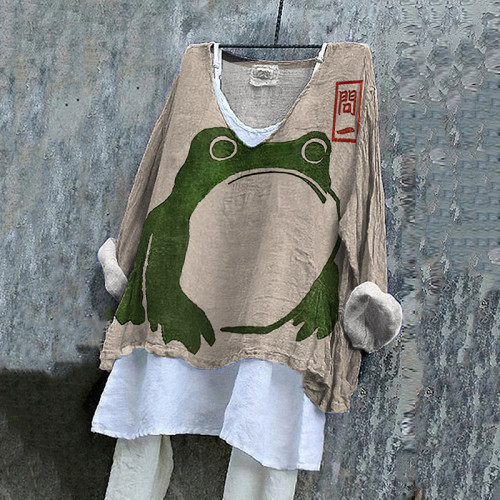 Vintage Cute Frog Japanese Lino Art Painting Print V-Neck Shirt
