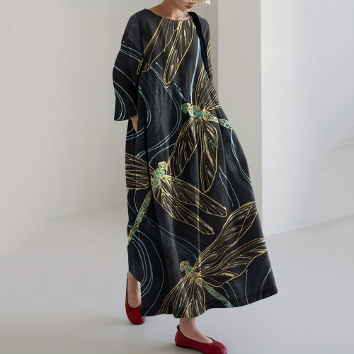 Vintage Dragonfly Art Print Linen Blend Midi Dress