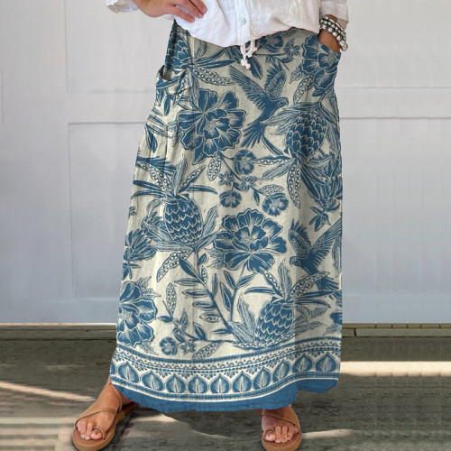 Vintage Ethnic Floral Print Loose Skirt