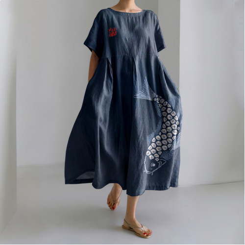 Vintage Fish Print Short Sleeve Linen Blend Maxi Dress