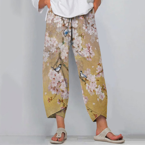 Vintage Floral And Bird Print Loose Casual Pants