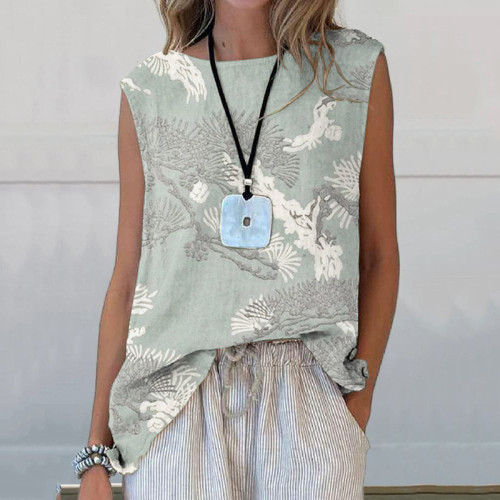 Vintage Floral And Crane Art Printed Casual Sleeveless Top