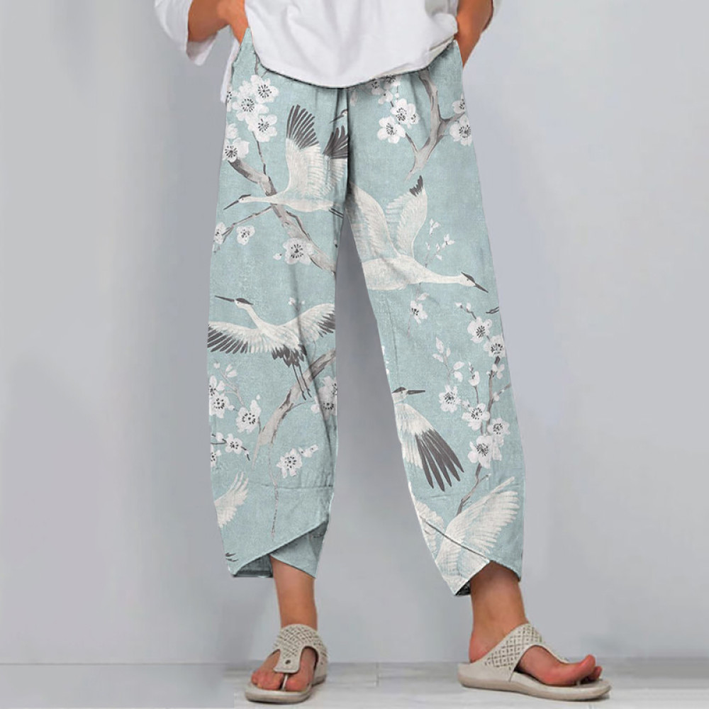 Vintage Floral And Crane Print Loose Casual Pants