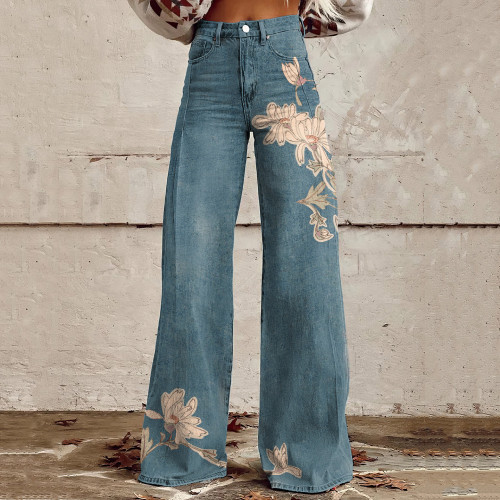 Vintage Floral Art Casual Wide Leg Jeans