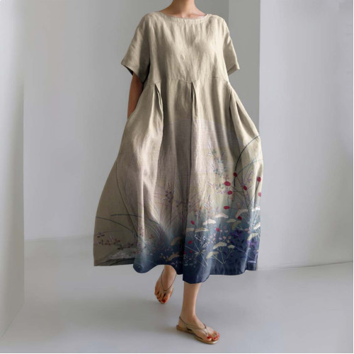 Vintage Floral Art Gradient Printed Linen Blend Midi Dress