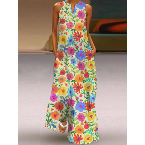 Vintage Floral Art Pattern Flowy Maxi Dress