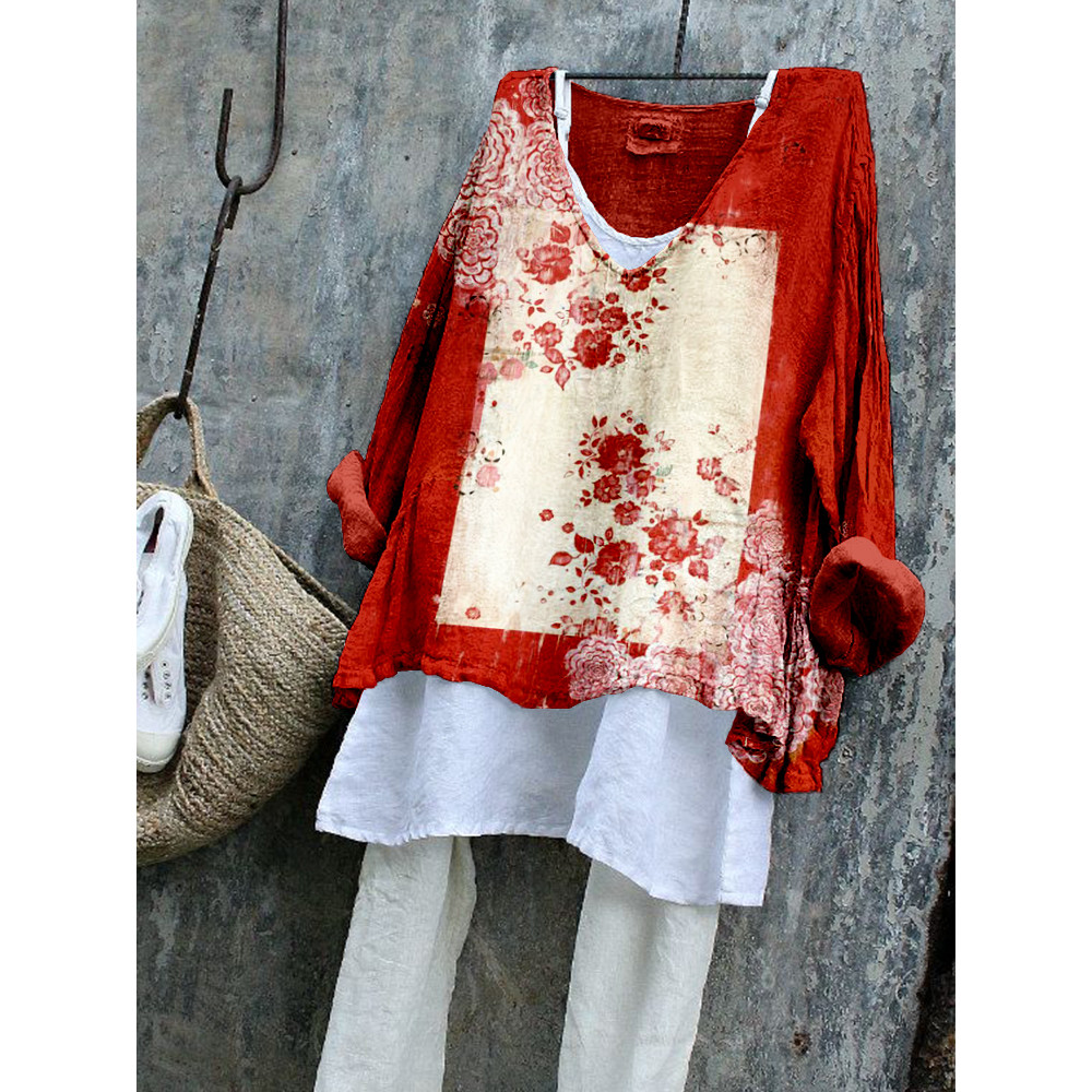 Vintage Floral Art Pattern Linen Blend Flowy Tunic