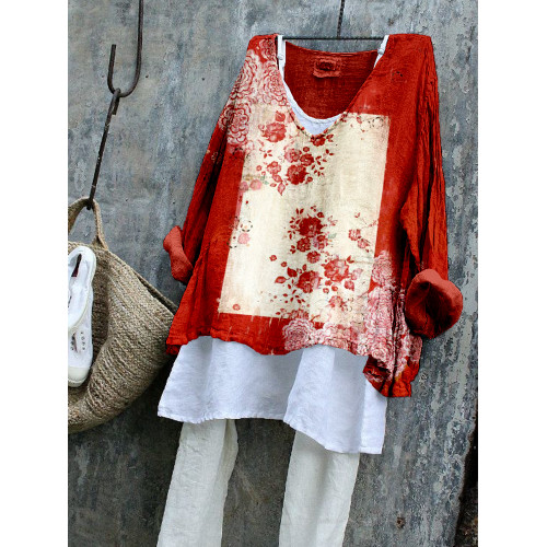 Vintage Floral Art Pattern Linen Blend Flowy Tunic
