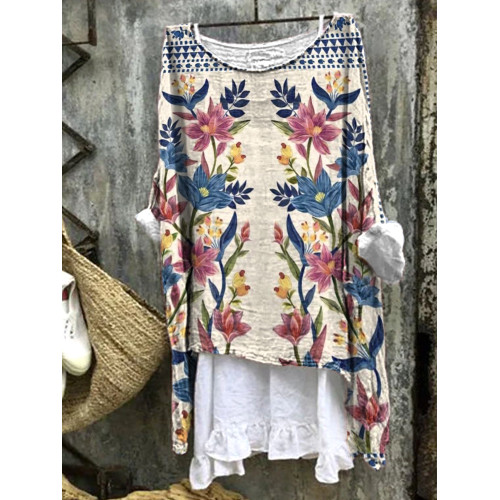 Vintage Floral Art Pattern Linen Loose Long Shirt