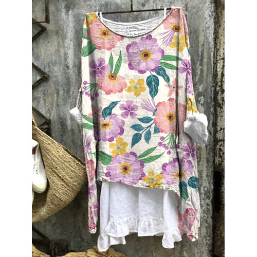 Vintage Floral Art Pattern Linen Loose Long Shirt