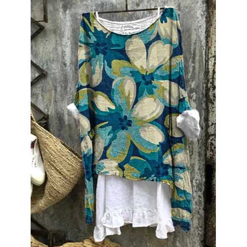 Vintage Floral Art Pattern Linen Loose Long Shirt