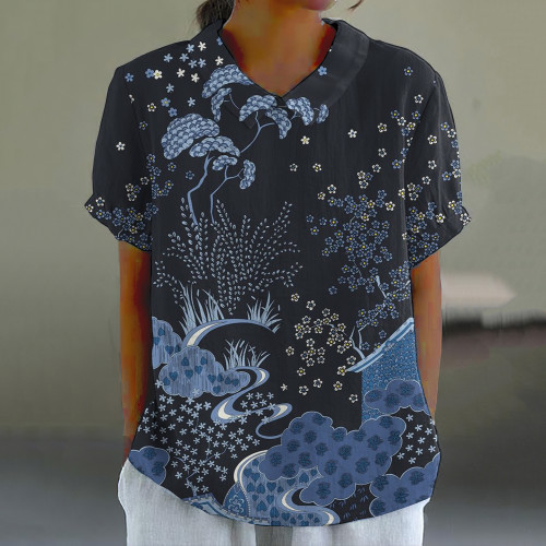 Vintage Floral Art Print Casual Cotton Linen Shirt