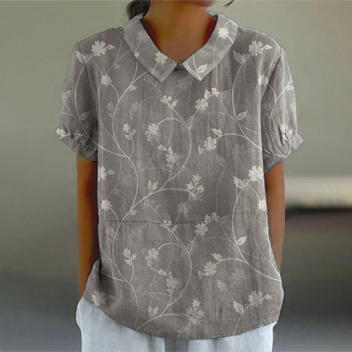 Vintage Floral Art Print Casual Cotton Linen Shirt