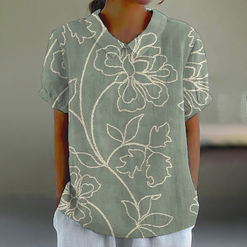 Vintage Floral Art Print Casual Cotton Linen Shirt