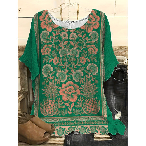 Vintage Floral Art Print Casual Linen Blend Shirt