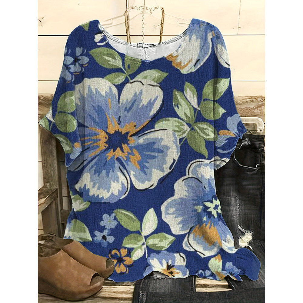 Vintage Floral Art Print Casual Linen Blend Shirt