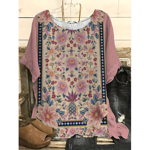 Vintage Floral Art Print Casual Linen Blend Shirt