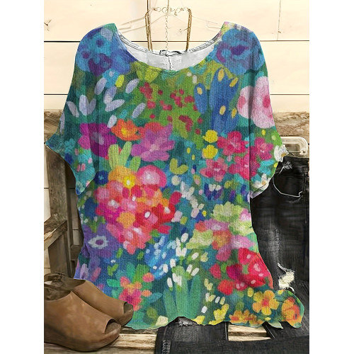 Vintage Floral Art Print Casual Linen Blend Shirt