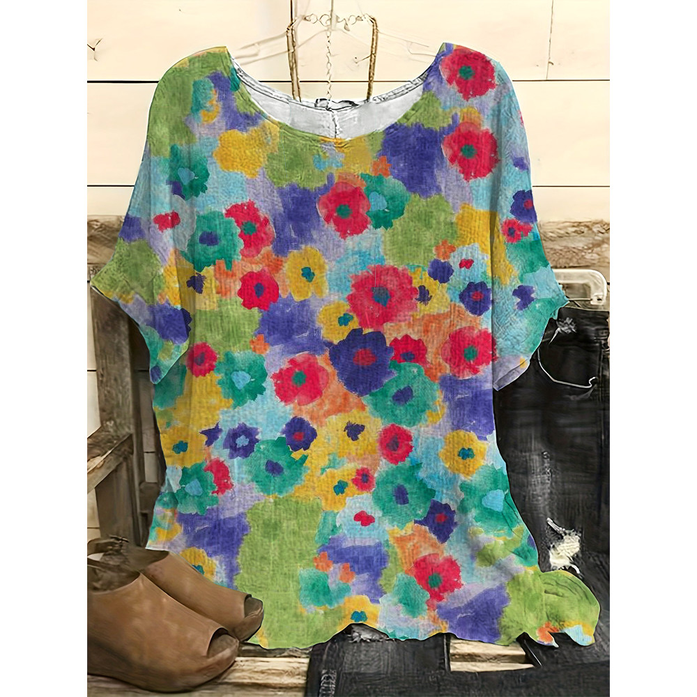 Vintage Floral Art Print Casual Linen Blend Shirt