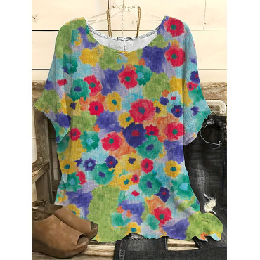 Vintage Floral Art Print Casual Linen Blend Shirt