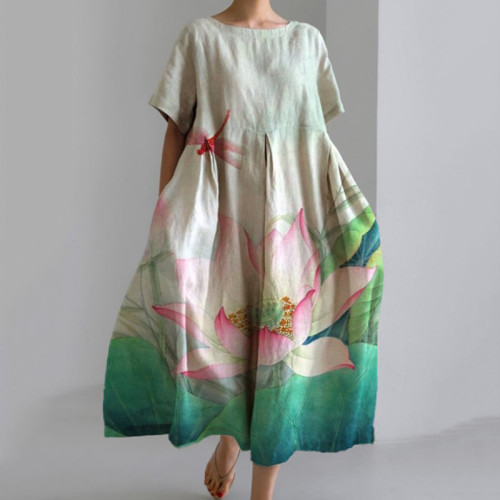 Vintage Floral Art Print Casual Loose Dress