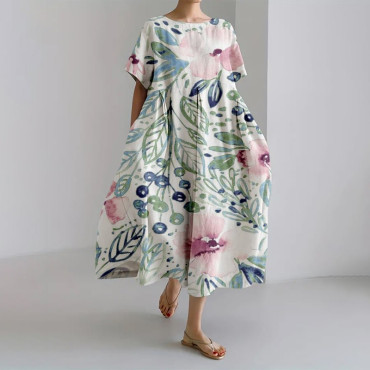 Vintage Floral Art Print Casual Loose Dress