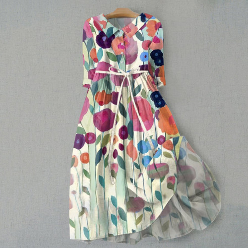 Vintage Floral Art Print Lace-Up Dress