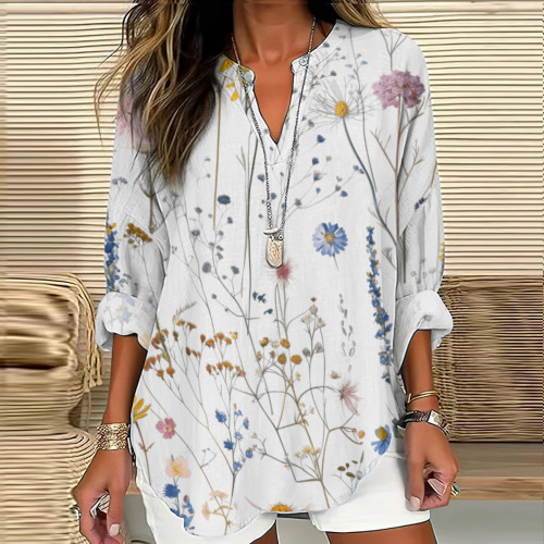 Vintage Floral Art Print Linen Blend Tunic