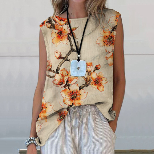 Vintage Floral Art Printed Casual Crew Neck Sleeveless Top