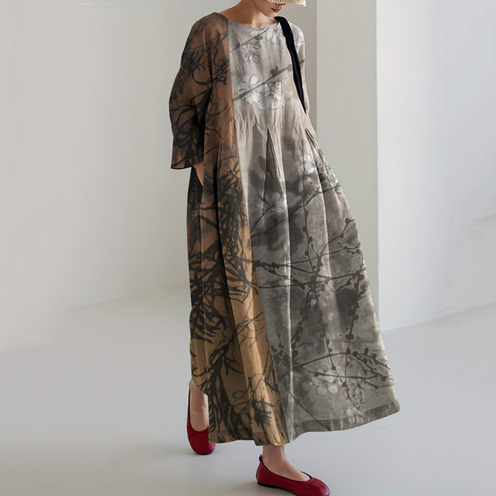 Vintage Floral Art Printed Casual Midi Dress