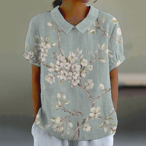 Vintage Floral Art Printed Casual Short Sleeve Shirt